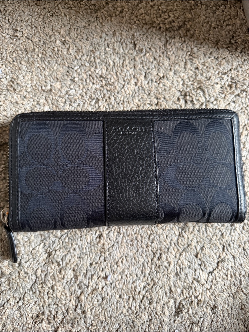Coach Black Signature Zip Wallet with Leather Trim